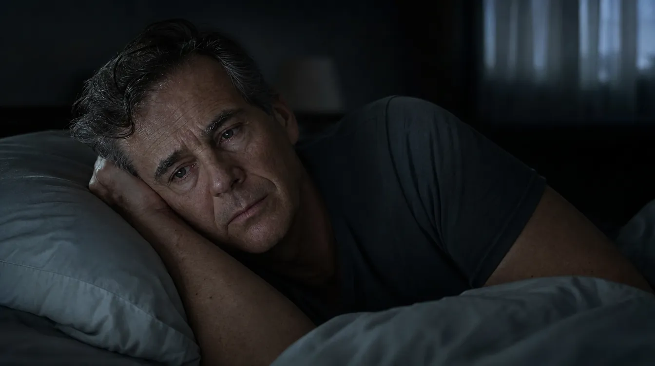 A man in his late 50s lying awake in a dark bedroom at night, hand near his jaw
