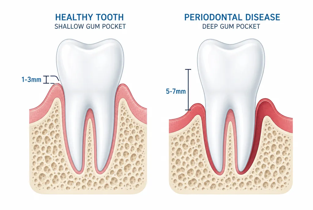 Cross-section comparison: a healthy shallow gum pocket with high bone versus a deep pocket with the bone receded low around the root